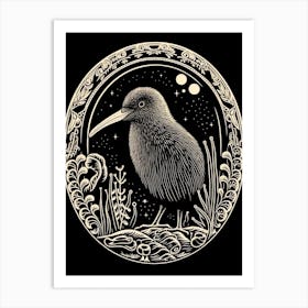 B&W Bird Linocut Kiwi 3 Art Print