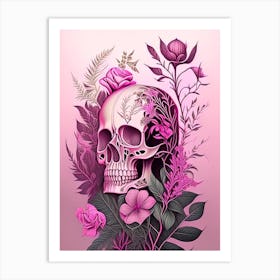 Skull With Intricate Linework 2 Pink Botanical Art Print