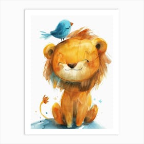 Small Joyful Lion With A Bird On Its Head 1 Art Print