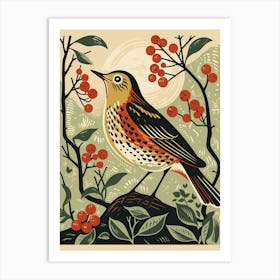 Vintage Bird Linocut Hermit Thrush 2 Art Print