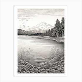 Lake Toya In Hokkaido, Ukiyo E Black And White Line Art Drawing 2 Art Print
