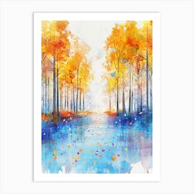 Watercolor Painting Of Autumn Landscape, Trees In Forest With Colorful Leaves In Fall Season Art Print