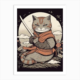 Cute Samurai Cat In The Style Of William Morris 6 Art Print