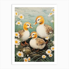 Duck & Duckling In The Flowers Japanese Woodblock Style 5 Art Print