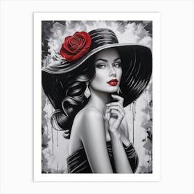 Woman In A Black Hat With Red Rose 2 Art Print