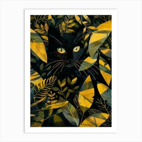 Black Cat In The Leaves Art Print