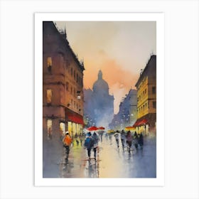 Rainy Day In Prague, Acquerello paesaggio Urban Italian Rome or Milan Art Print