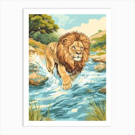 Barbary Lion Crossing A River Illustration 4 Art Print