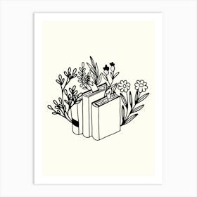 Books And Flowers Monoline Hand Drawing Aesthetic Illustration Art Print