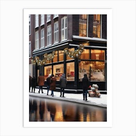 Amsterdam cafes, winter season, Christmas, autumn oil colors, pale colors, pedestrians in the street, winter clothes, falling snow.7 1 Art Print