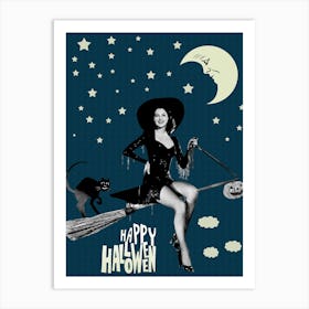 Pin Up Girl Posing On A Broom Under Halloween Moon and Stars Art Print