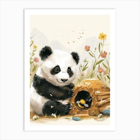 Giant Panda Cub Playing With A Beehive Storybook Illustration 3 Art Print