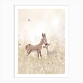 Mama Deer Kiss On Summer Meadow Art Print