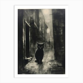 A Black Cat Wandering The Smoky Medieval Cobbled Streets Charcoal Illustration Art Print