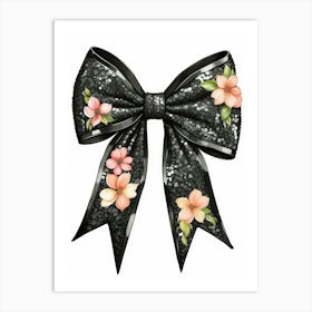 Black Bow With Pink Flowers Art Print