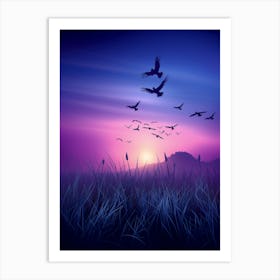 Sunset With Birds Art Print