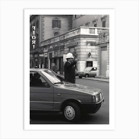 Policia Directing Traffic In Rome Black And White Art Print