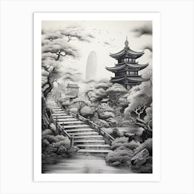 Hachijo Jima In Tokyo, Ukiyo E Black And White Line Art Drawing 2 Art Print