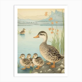 Mother Duck With Ducklings Japanese Woodblock Style Art Print