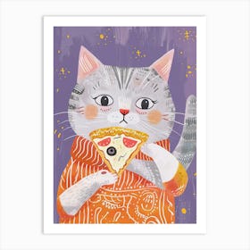 Grey Cat Eating A Pizza Slice Folk Illustration 2 Art Print