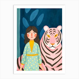 Pink Tiger And Woman Girl Art Print