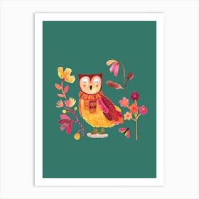 Owl With Boots Nursery Green Art Print