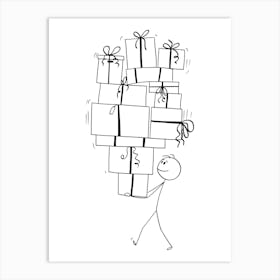 Stick Figure Carrying Gifts.. Art Print