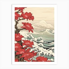 Great Wave With Camellia Flower Drawing In The Style Of Ukiyo E 2 Art Print