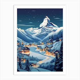 Winter Travel Night Illustration Zermatt Switzerland 1 Art Print