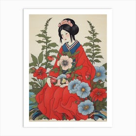 Hanaichige Japanese Anemone Vintage Japanese Botanical And Geisha Art Print