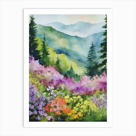 Smoky Mountains Painting, Spring Flowers, Watercolor Art, Appalachian Mountain Landscape Wall Art, Mountain Forest Print..175 Art Print