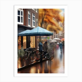 Amsterdam cafes, autumn season, rain, autumn oil colours.Faded colours,People passing on the street, winter clothes, rain umbrellas.8 1 Art Print