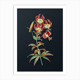 Vintage Turban Lily Botanical Watercolor Illustration on Dark Teal Blue n.0066 Art Print