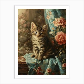 Kitten With Pink Flowers Rococo Inspired 1 Art Print