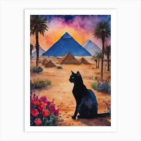 Black Cat in Egypt - A Black Cat Travels Series Visiting Three Pyramids of Giza - Egyptian Great Pyramid Cairo Iconic Ancient Cityscape Traditional Watercolor Art Print Kitty Travels Home and Room Wall Art Cool Decor Klimt and Matisse Inspired Modern Awesome Cool Unique Pagan Witchy Witches Familiar Gift For Cats Lady Animal Lovers World Travelling Genuine Works by British Watercolour Artist Lyra O'Brien Art Print
