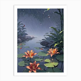 Water Lilies In The Rain Art Print