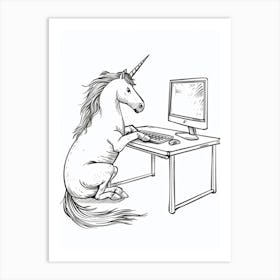 Unicorn On A Computer Black And White Doodle Art Print