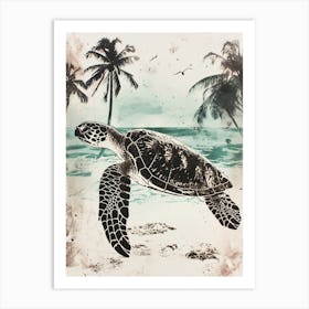 Sea Turtle & Palm Trees On The Beach 3 Art Print