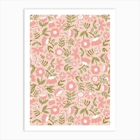 Cute Soft Scattered Scandi Florals Peach, Pink, Moss Green Art Print