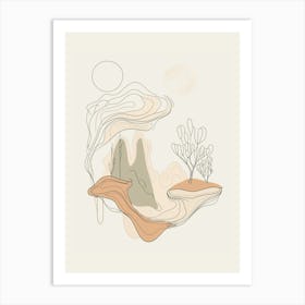 A minimalist single-line drawing featuring Dreamy, surreal landscape with floating islands and whimsical creatures themes, executed on a white background with a beige color scheme Art Print