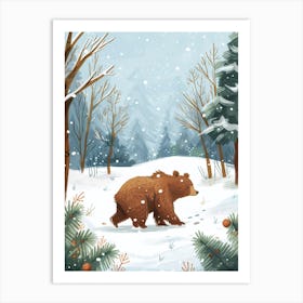 Brown Bear Walking Through A Snow Covered Forest Storybook Illustration 4 Art Print