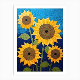 Sunflowers On Blue Background 2 Art Print