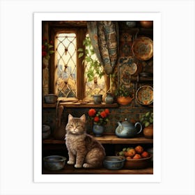 Cat In A Medieval Cottage With Fruit & Flowers Art Print