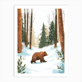 Sloth Bear Walking Through A Snow Covered Forest Storybook Illustration 3 Art Print