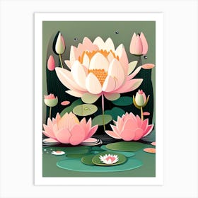 Blooming Lotus Flower In Pond Scandi Cartoon 1 Art Print