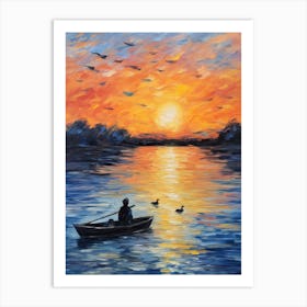 Ducklings In The Sunset With A Fishing Boat Impressionism Painting 2 Art Print