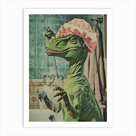 Dinosaur In The Shower With A Shower Cap Retro Collage 1 Art Print