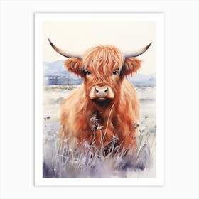 Chesnut And Lilac Watercolour Illustration Of Highland Cow Art Print