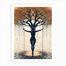 Tree Of Life and Woman Silhouette Watercolor Dripping Art Print