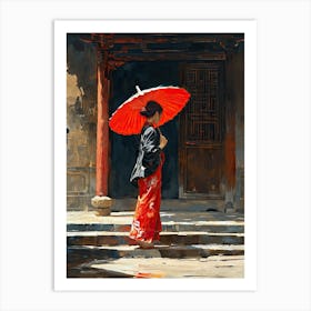 Asian Woman With Red Umbrella Art Print